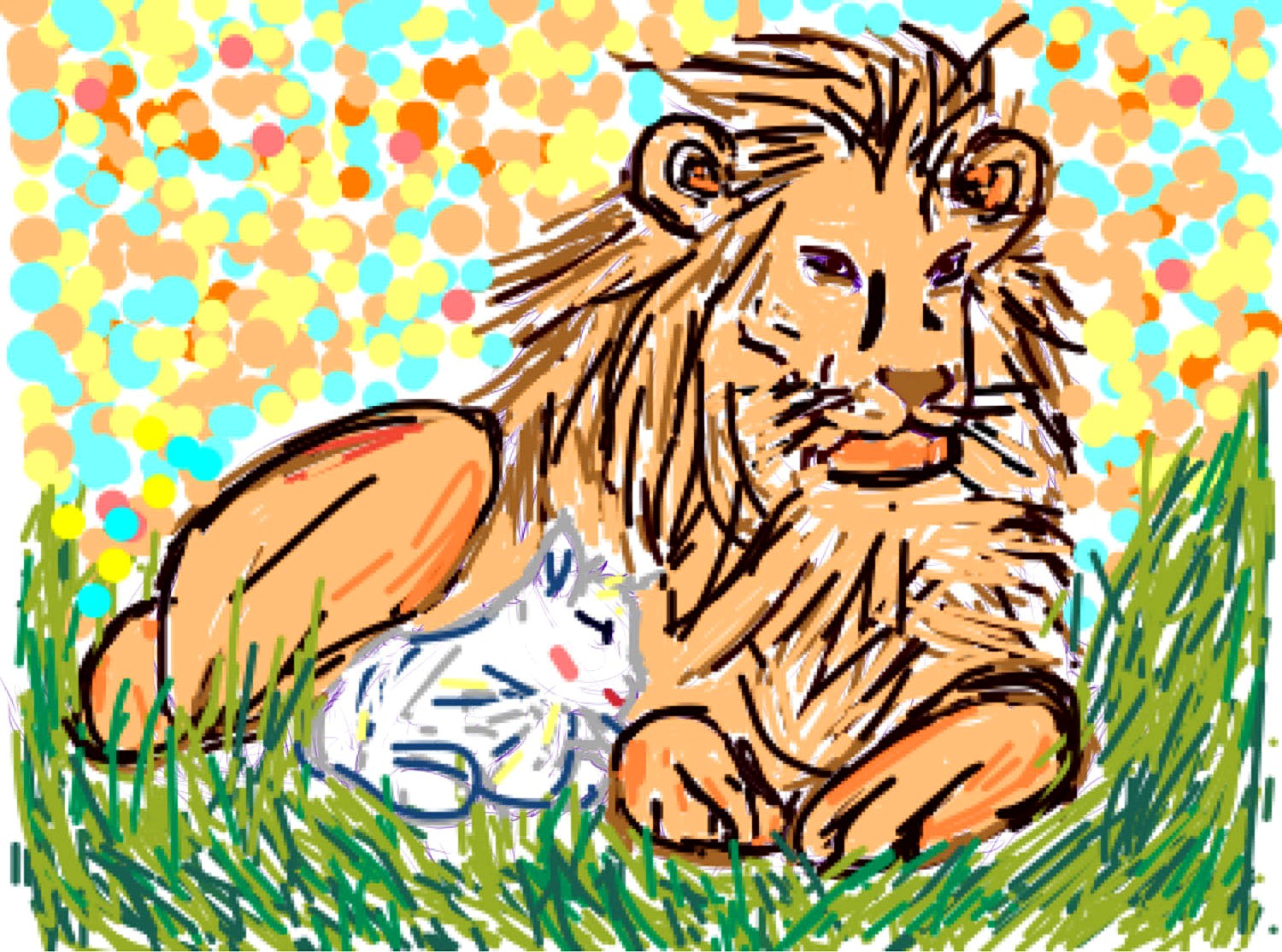 Hand-drawn artwork of a lion resting in the grass with a lamb beside him.